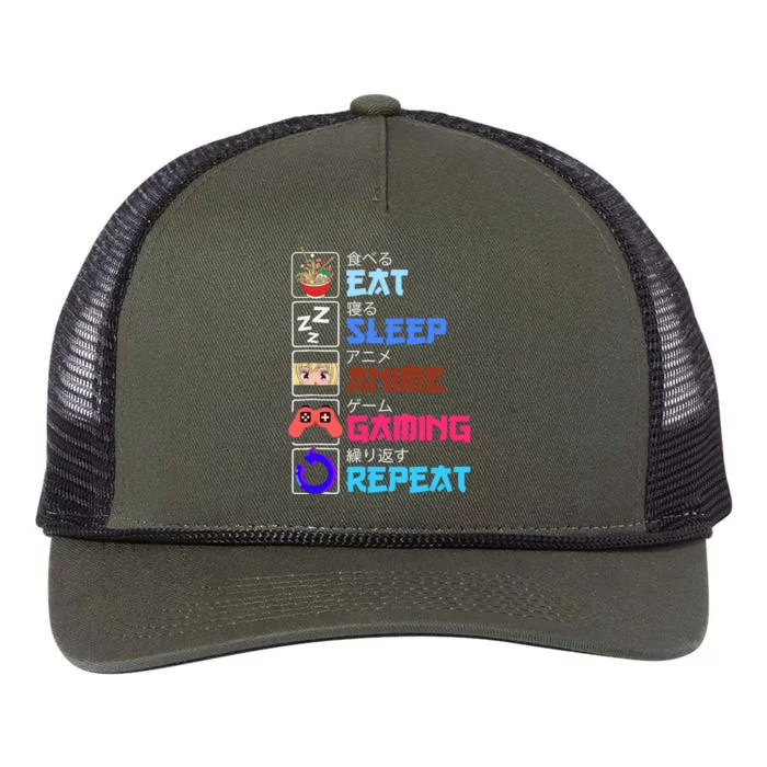 Play Games Funny Otaku Gamer Eat Sleep Anime Gaming Repeat Retro Rope Trucker Hat Cap