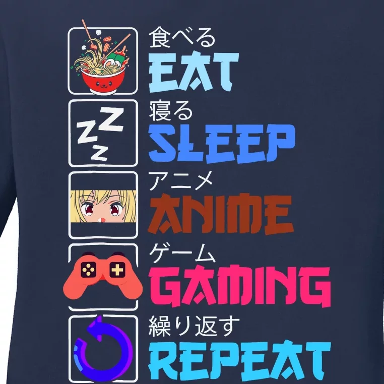 Play Games Funny Otaku Gamer Eat Sleep Anime Gaming Repeat Ladies Long Sleeve Shirt