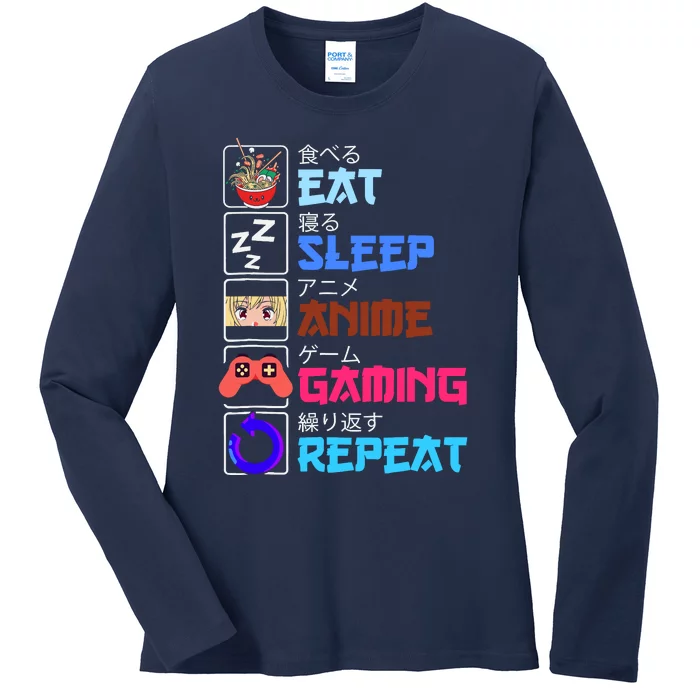 Play Games Funny Otaku Gamer Eat Sleep Anime Gaming Repeat Ladies Long Sleeve Shirt