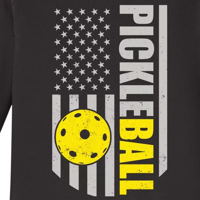 Pickleball Gift_American Flag Pickleball Paddle Baby Long Sleeve Bodysuit