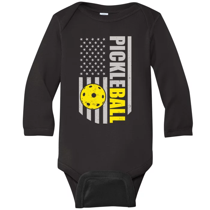 Pickleball Gift_American Flag Pickleball Paddle Baby Long Sleeve Bodysuit