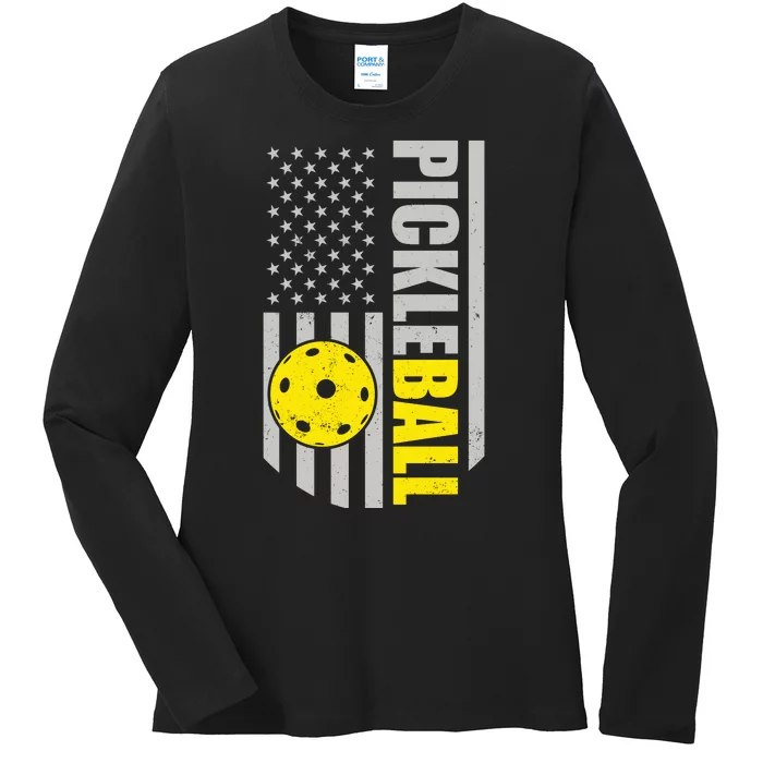 Pickleball Gift_American Flag Pickleball Paddle Ladies Long Sleeve Shirt