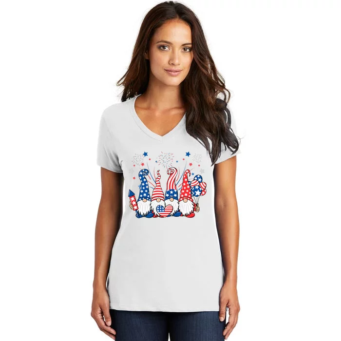 Patriotic Gnomes Fireworks USA Independence Day 4th Of July Women's V-Neck T-Shirt