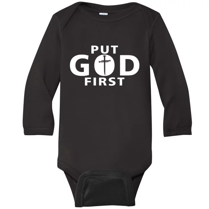 Put God First Christian 3 Nails Cross Catholic Jesus Christ Baby Long Sleeve Bodysuit