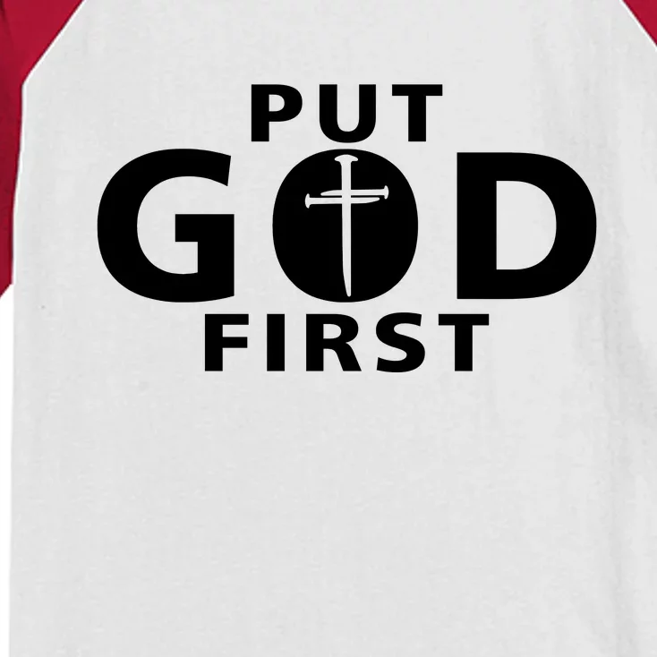 Put God First Christian 3 Nails Cross Catholic Jesus Christ Kids Colorblock Raglan Jersey