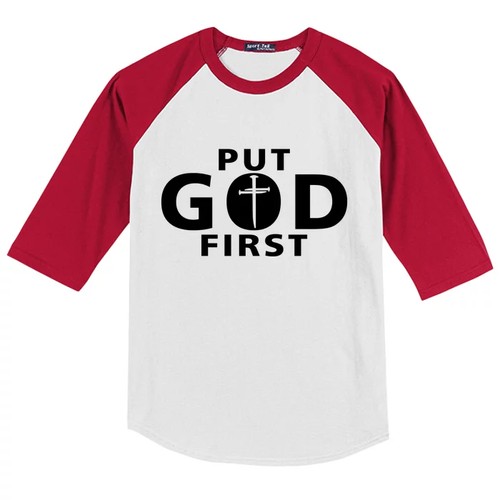 Put God First Christian 3 Nails Cross Catholic Jesus Christ Kids Colorblock Raglan Jersey