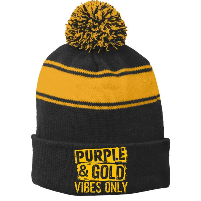 Purple & Gold Game Day Group For High School Football Stripe Pom Pom Beanie