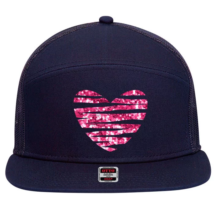 Pink Glitter Heart Cute Gift 7 Panel Mesh Trucker Snapback Hat