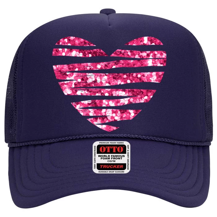 Pink Glitter Heart Cute Gift High Crown Mesh Trucker Hat