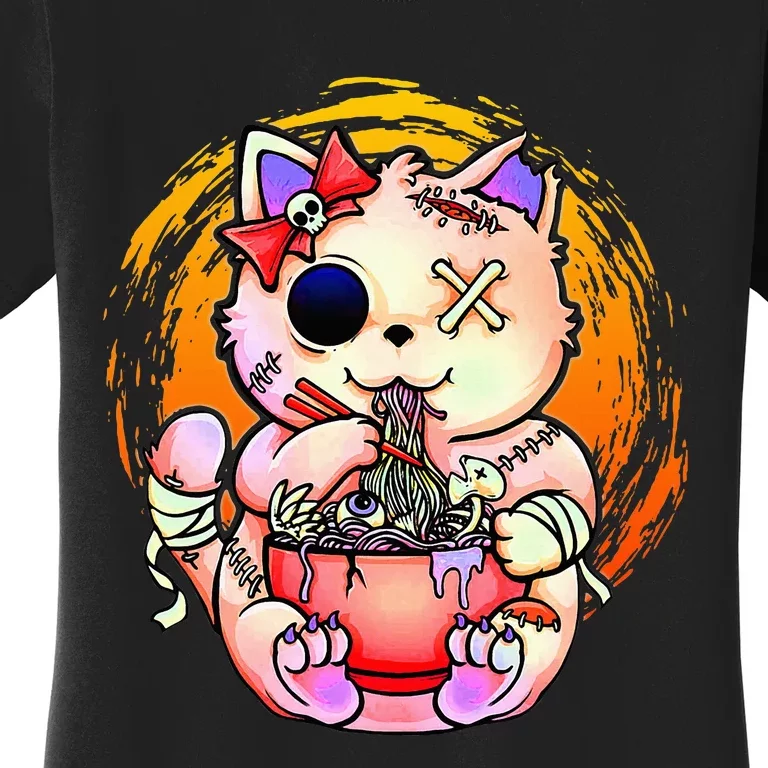 Pastel Goth Kawaii Creepy Cat Eating Ramen Noodles Halloween Women's T-Shirt