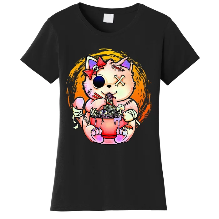 Pastel Goth Kawaii Creepy Cat Eating Ramen Noodles Halloween Women's T-Shirt