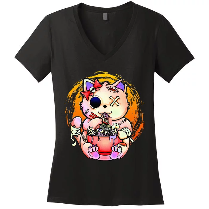 Pastel Goth Kawaii Creepy Cat Eating Ramen Noodles Halloween Women's V-Neck T-Shirt