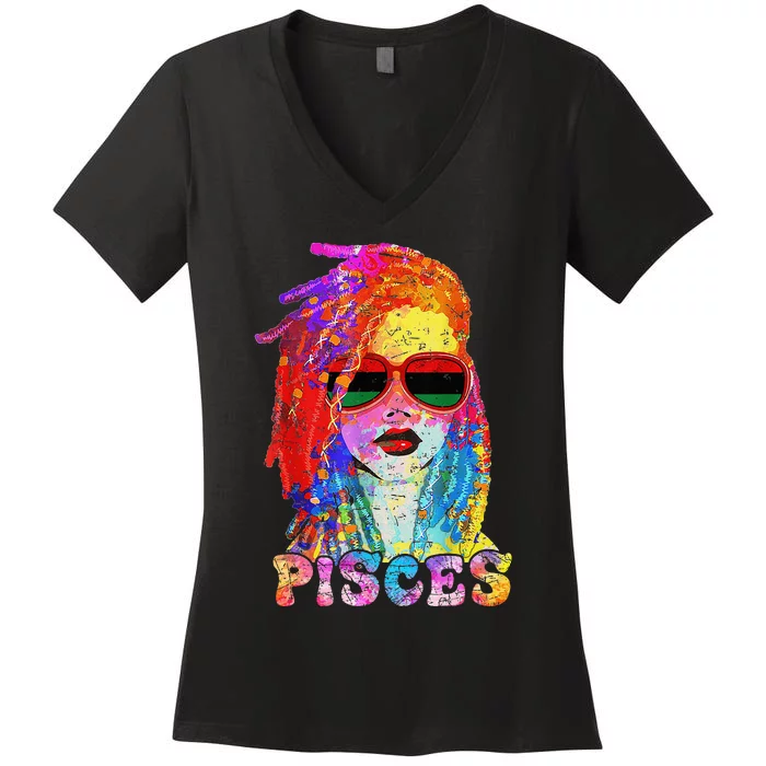 Pisces Girl LocD Hair Art Zodiac Birthday Women's V-Neck T-Shirt