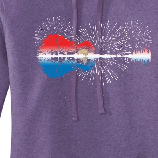 Patriotic Guitar Lake Reflections Night Sky 4th Of July Women's Pullover Hoodie