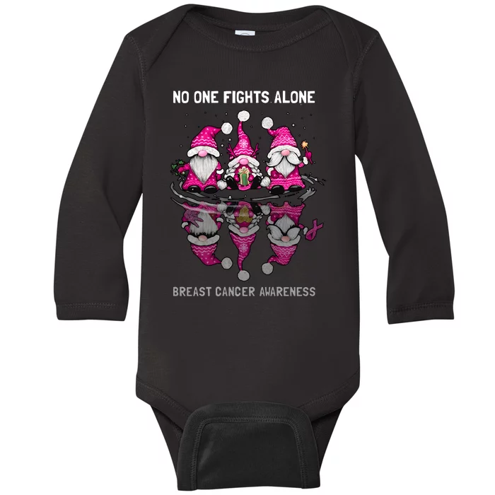 Pink Gnome No One Fights Alone Breast Cancer Awareness Baby Long Sleeve Bodysuit