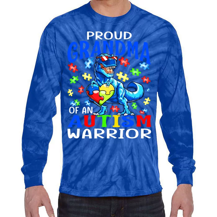 Proud Grandma Of An Autism Warrior Dinosaur Cool Gift Tie-Dye Long Sleeve Shirt