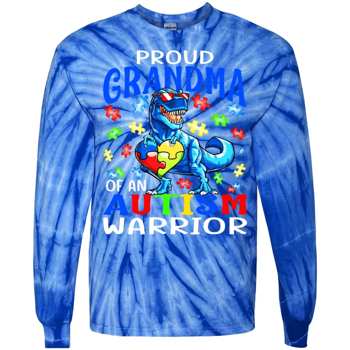 Proud Grandma Of An Autism Warrior Dinosaur Cool Gift Tie-Dye Long Sleeve Shirt