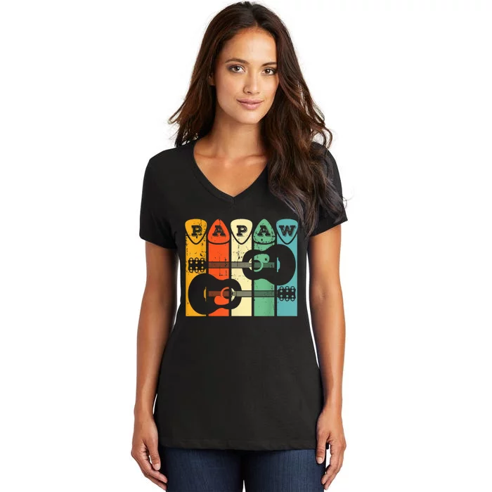 Papaw Guitar Pick Gift Guitar Player Grandpa Retro Guitarist Women's V-Neck T-Shirt