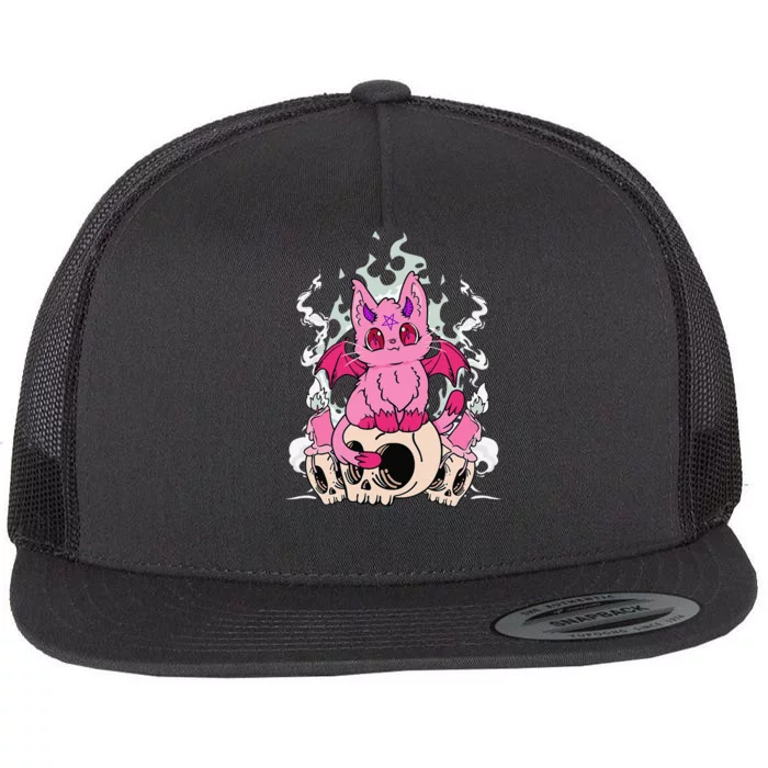 Pastel Goth Pink Demon Cat Skulls Kawaii Anime Gothic Flat Bill Trucker Hat