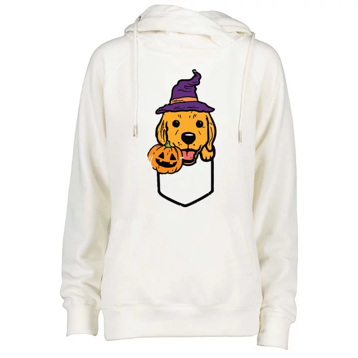 Pocket Golden Retriever Witch Halloween Dog Women Womens Funnel Neck Pullover Hood