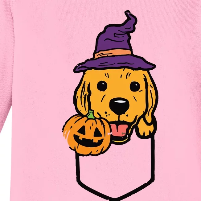 Pocket Golden Retriever Witch Halloween Dog Women Baby Long Sleeve Bodysuit