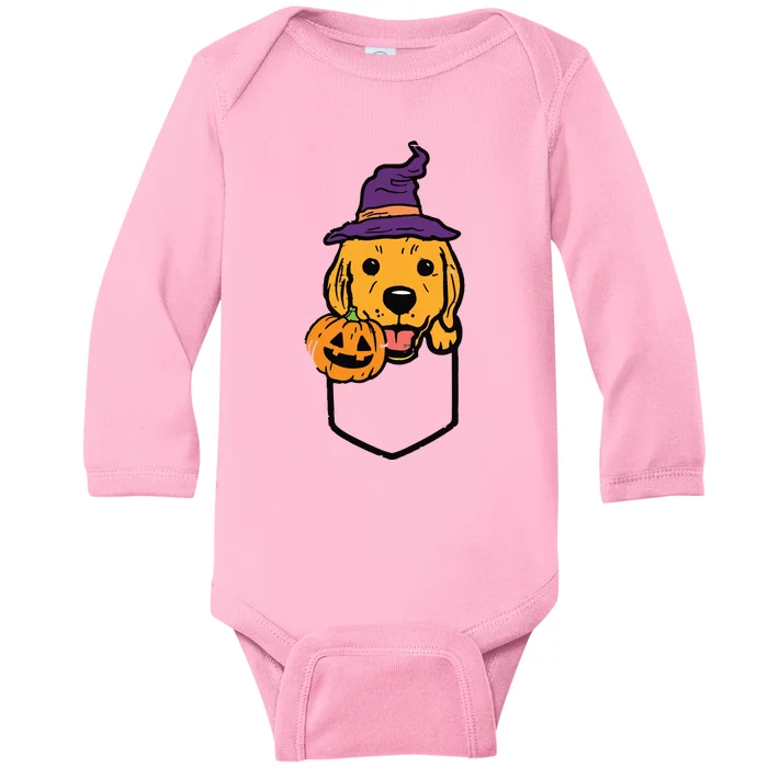 Pocket Golden Retriever Witch Halloween Dog Women Baby Long Sleeve Bodysuit