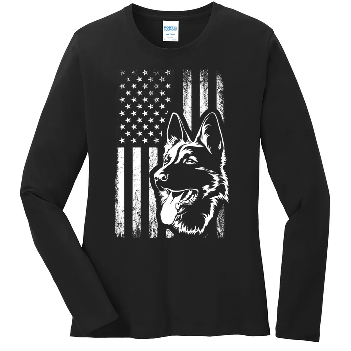 Patriotic German Shepherd AMERICAN FLAG Dog Lover Gift TShirt Ladies Long Sleeve Shirt