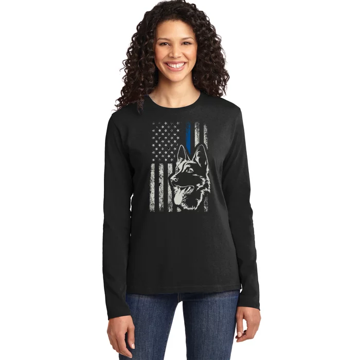 Patriotic German Shepherd K9 Unit Thin Blue Line Police Gift Ladies Long Sleeve Shirt