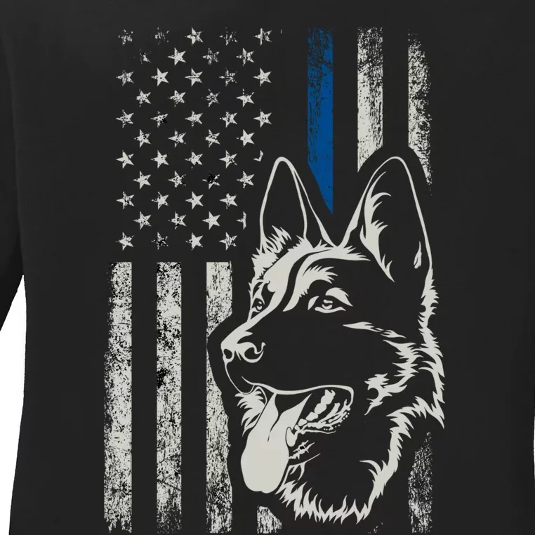 Patriotic German Shepherd K9 Unit Thin Blue Line Police Gift Ladies Long Sleeve Shirt