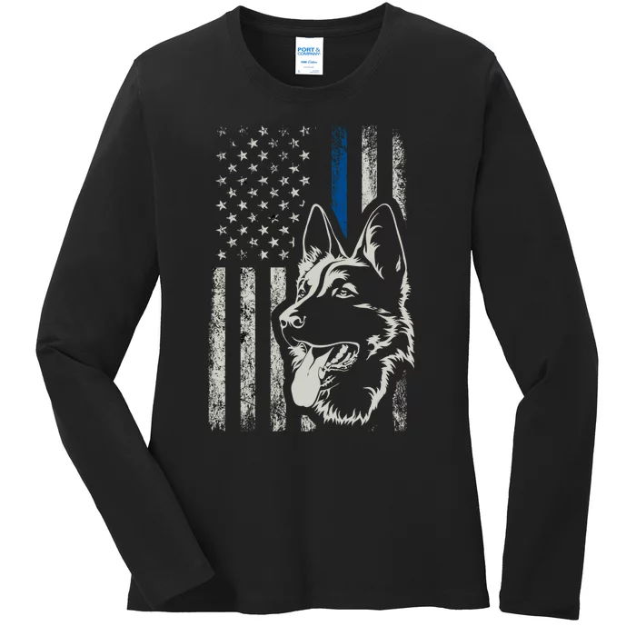 Patriotic German Shepherd K9 Unit Thin Blue Line Police Gift Ladies Long Sleeve Shirt