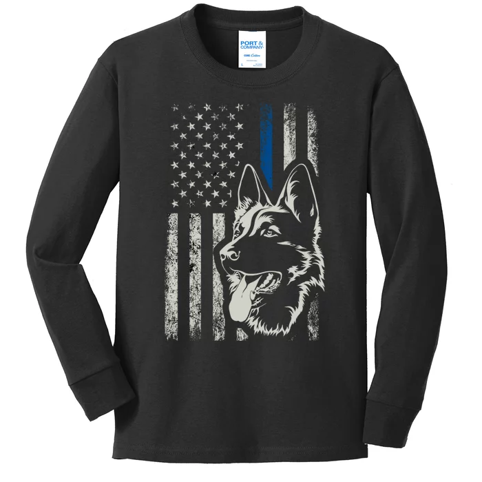 Patriotic German Shepherd K9 Unit Thin Blue Line Police Gift Kids Long Sleeve Shirt