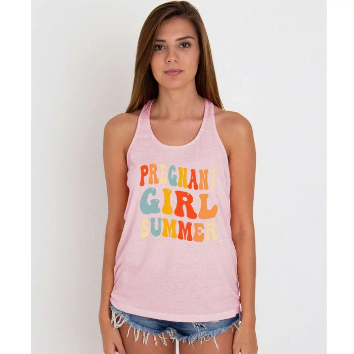 Pregnant Girl Summer Baby Announcement Pregnancy Reveal Women's Knotted Racerback Tank