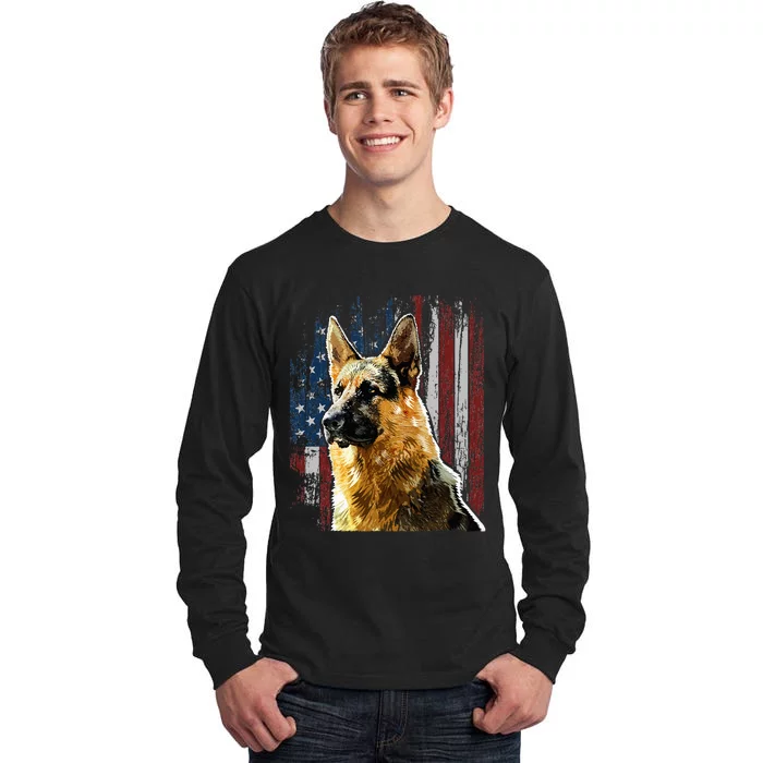 Patriotic German Shepherd American Flag Dog Gift Men Women Tall Long Sleeve T-Shirt