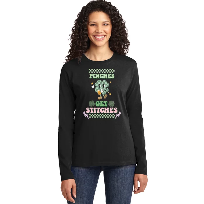 Pinches Get Stitches St Patricks Days Lucky Vibes Clover Irish Drinking Team Ladies Long Sleeve Shirt