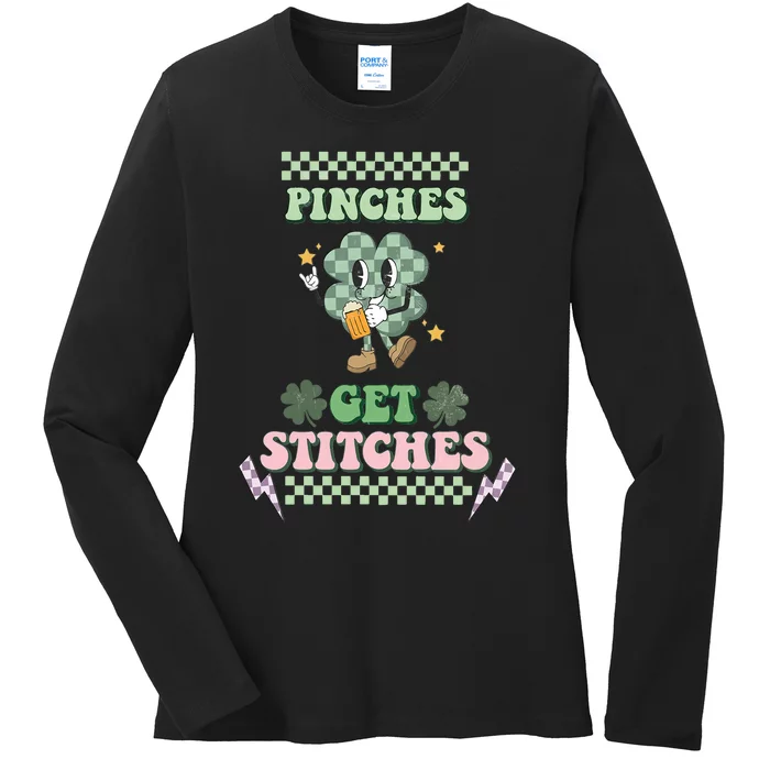 Pinches Get Stitches St Patricks Days Lucky Vibes Clover Irish Drinking Team Ladies Long Sleeve Shirt