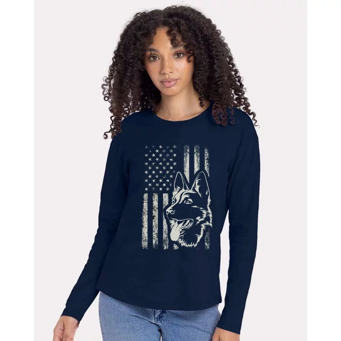 Patriotic German Shepherd AMERICAN FLAG 4th Of July Shepherd Womens Cotton Relaxed Long Sleeve T-Shirt