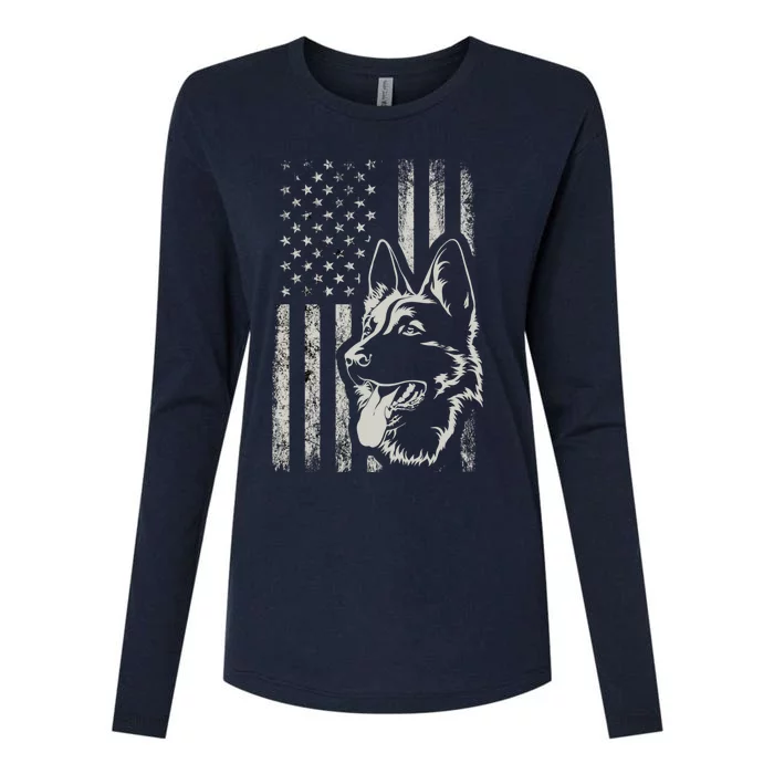 Patriotic German Shepherd AMERICAN FLAG 4th Of July Shepherd Womens Cotton Relaxed Long Sleeve T-Shirt