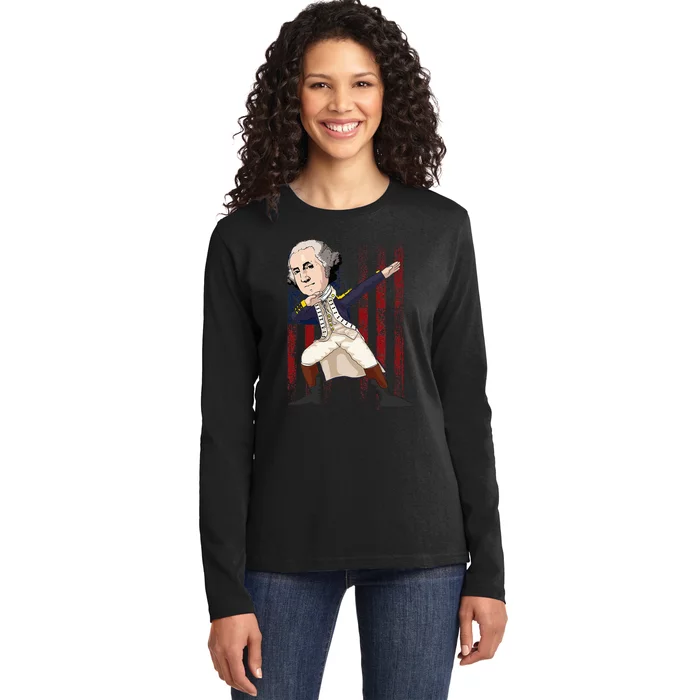 Patriotic George Washington Dabbing Dab Dance 4th Of July Ladies Long Sleeve Shirt