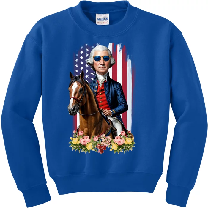 Patriotic George Washington Riding Horse 4th Of July Flowers Great Gift Kids Sweatshirt