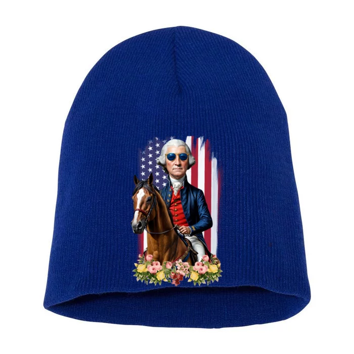 Patriotic George Washington Riding Horse 4th Of July Flowers Great Gift Short Acrylic Beanie