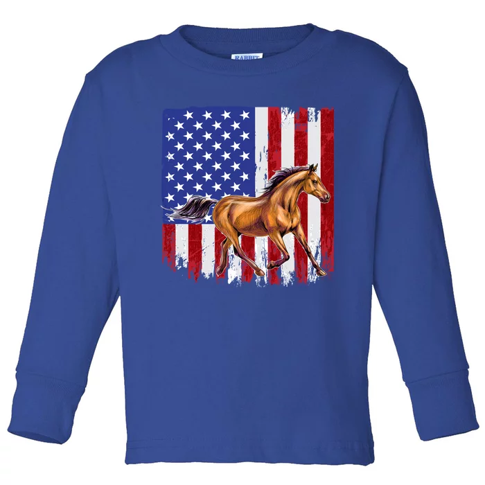 Patriotic Horse American Flag Horseback Riding Great Gift Toddler Long Sleeve Shirt