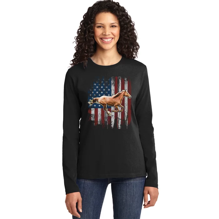 Patriotic Horse American Flag Horseback Riding Farm Gift Ladies Long Sleeve Shirt