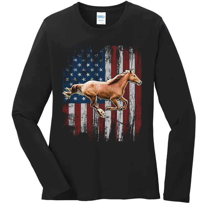 Patriotic Horse American Flag Horseback Riding Farm Gift Ladies Long Sleeve Shirt