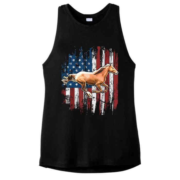 Patriotic Horse American Flag Horseback Riding Farm Gift Ladies Tri-Blend Wicking Tank