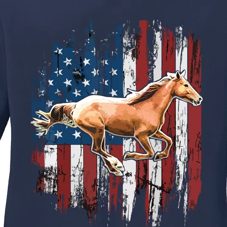 Patriotic Horse American Flag Horseback Riding Farm Gift Ladies Long Sleeve Shirt