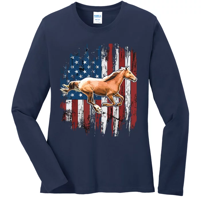 Patriotic Horse American Flag Horseback Riding Farm Gift Ladies Long Sleeve Shirt