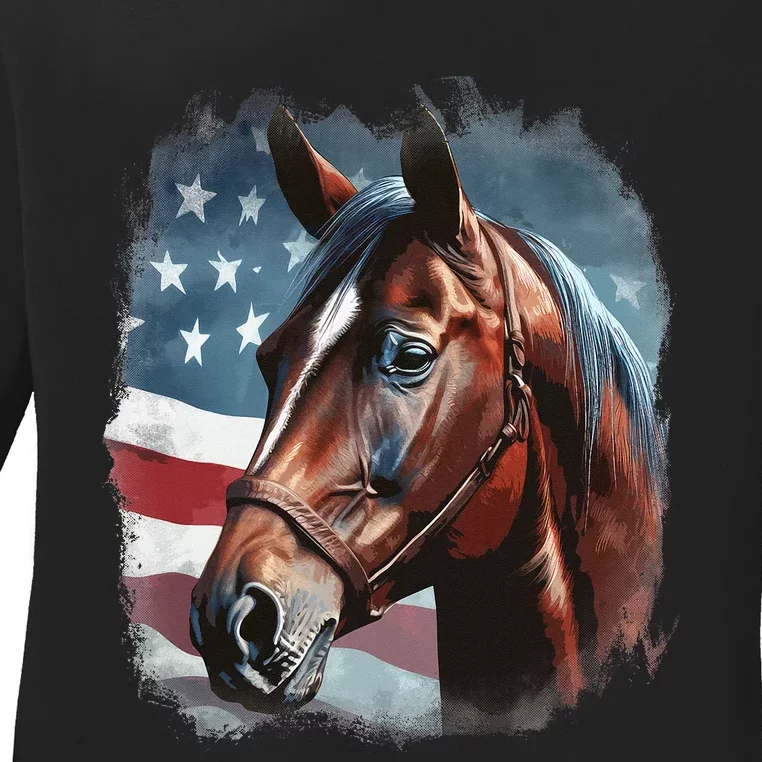 Patriotic Horse American Flag Horseback Riding Ladies Long Sleeve Shirt