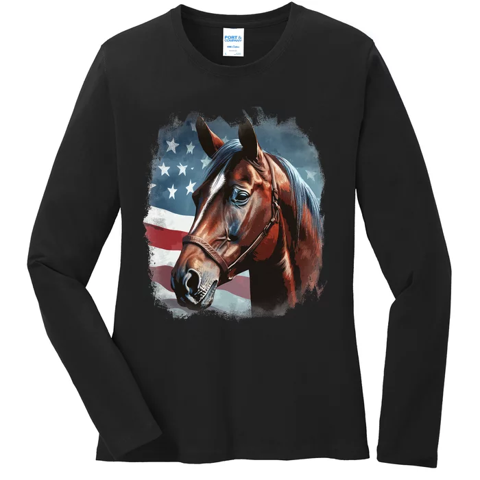 Patriotic Horse American Flag Horseback Riding Ladies Long Sleeve Shirt