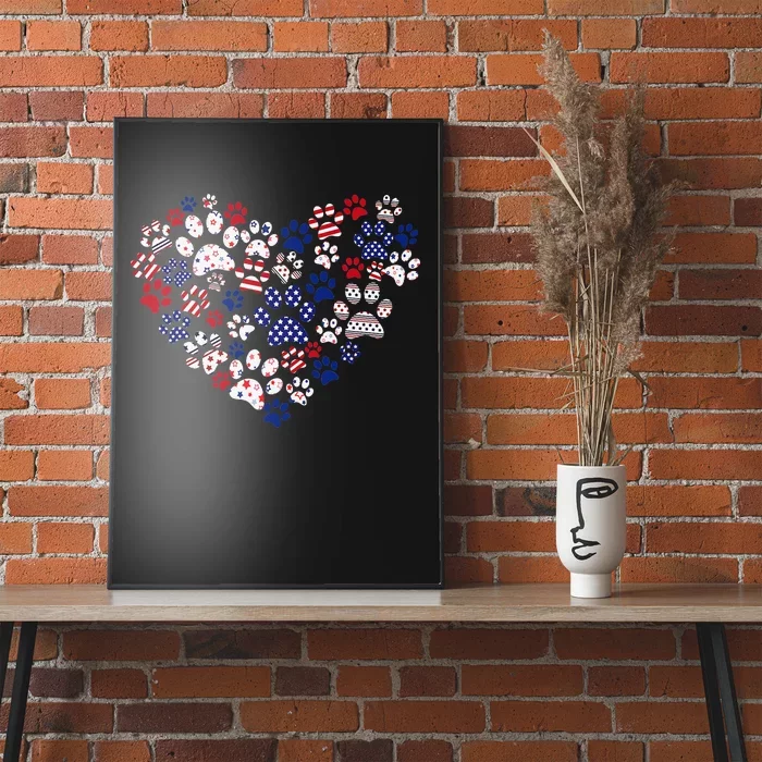 Patriotic Heart American Flag 4th Of July Dog Paw Prints Poster