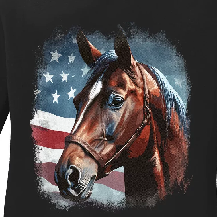 Patriotic Horse American Flag Horseback Riding Western Farm Ladies Long Sleeve Shirt